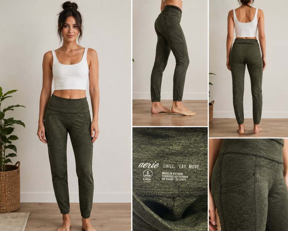 Aerie Chill Play Move High-Waisted Heathered Green Pocket Leggings